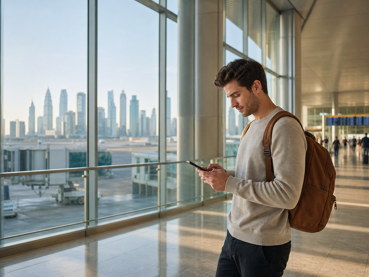 Traveler using a phone